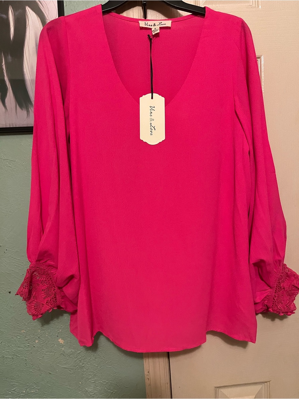 Vine & Love Hot Pink V-Neck Blouse with Lace Cuffs